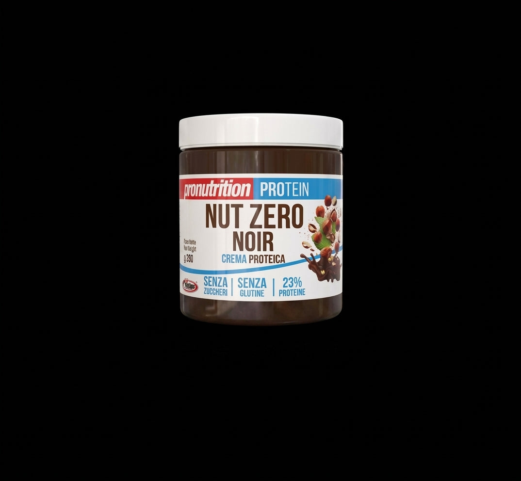 A jar of pronutrition Protein Nut Zero Noir cream and protein powder, shown against a solid black background.
