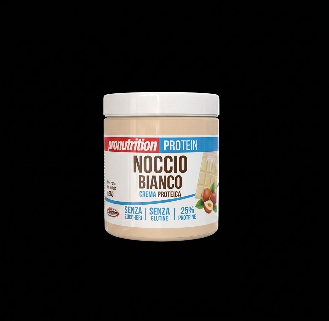 A jar of Pronutrition Noccio Bianco protein powder on a solid black background. The container is beige with a white lid and features a label with red, blue, and brown text.