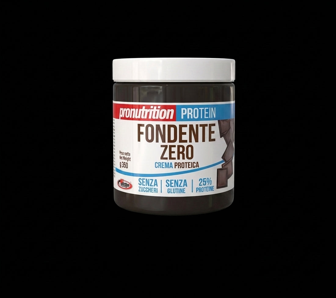 A jar of pronutrition Fondente Zero protein powder on a solid black background.