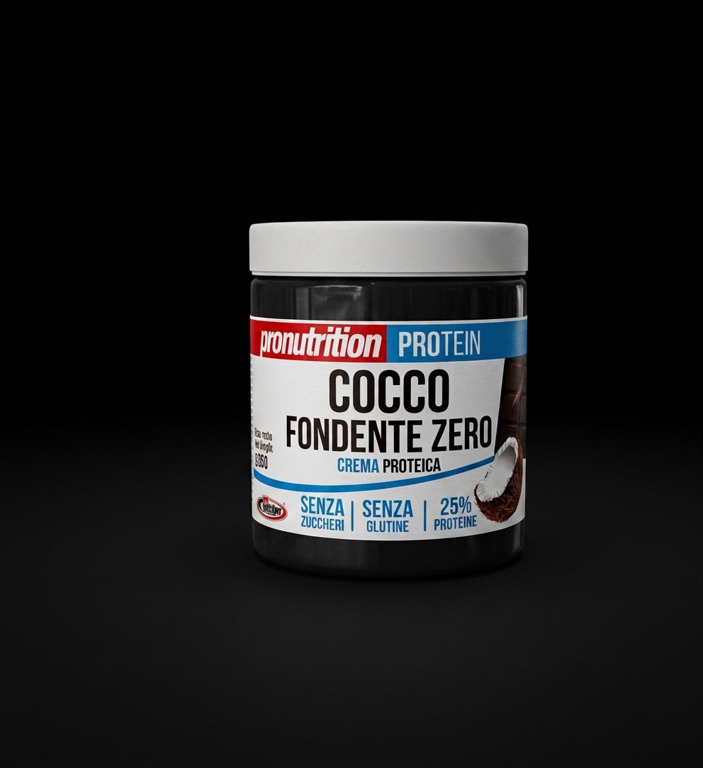 A jar of Pronutrition Protein Cocco Fondente Zero whey protein powder, featuring a white lid and a label with red, white, and blue sections, set against a solid black background.
