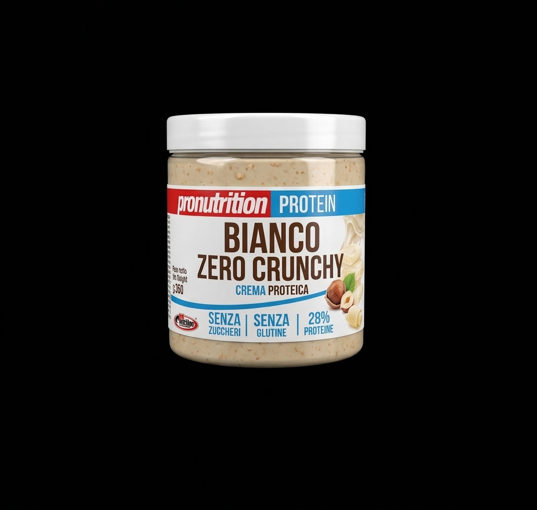 A jar of pronutrition Protein Bianco Zero Crunchy protein cream against a solid black background.