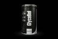 A black and white canister of Yamamoto GlycoBol supplement powder, shown against a solid black background with a subtle glow at the base.