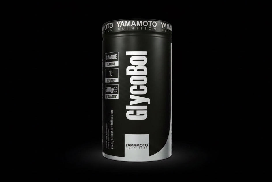 A black and white canister of Yamamoto GlycoBol supplement powder, shown against a solid black background with a subtle glow at the base.